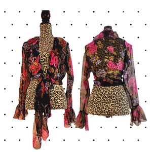 Sheer Black wraparound blouse with flowers and ruffles